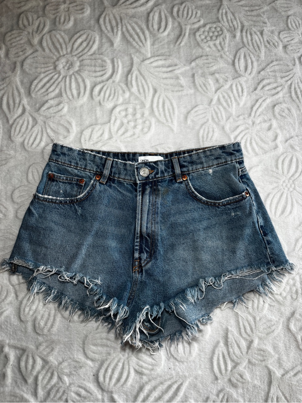 Zara Blue Frayed Hem Denim Shorts